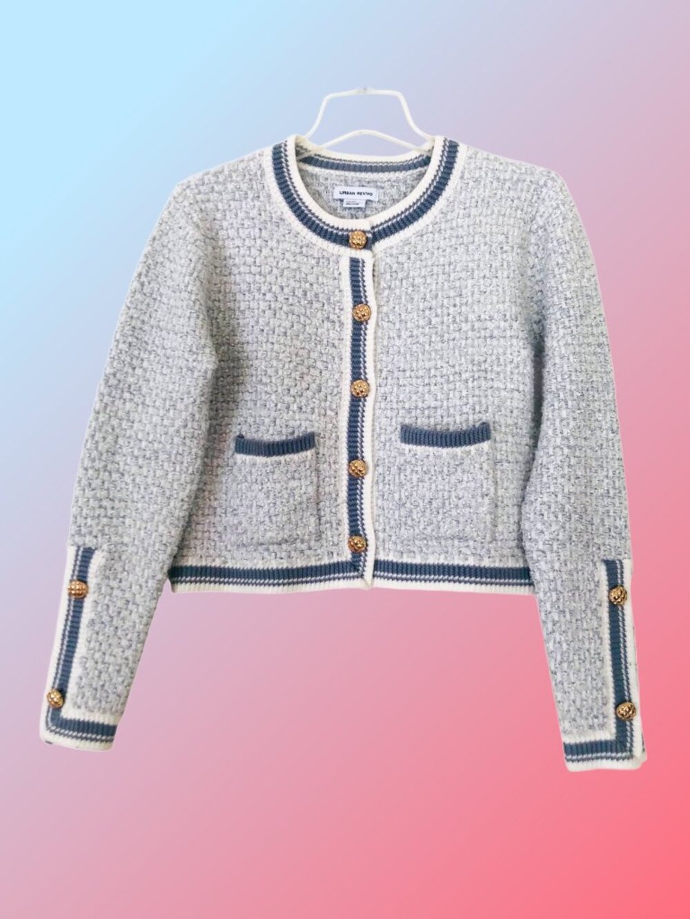 URBAN REVIVO Ivory Gray Shimmer Knit Tweed Cropped Cardigan Gold Buttons Sz 4